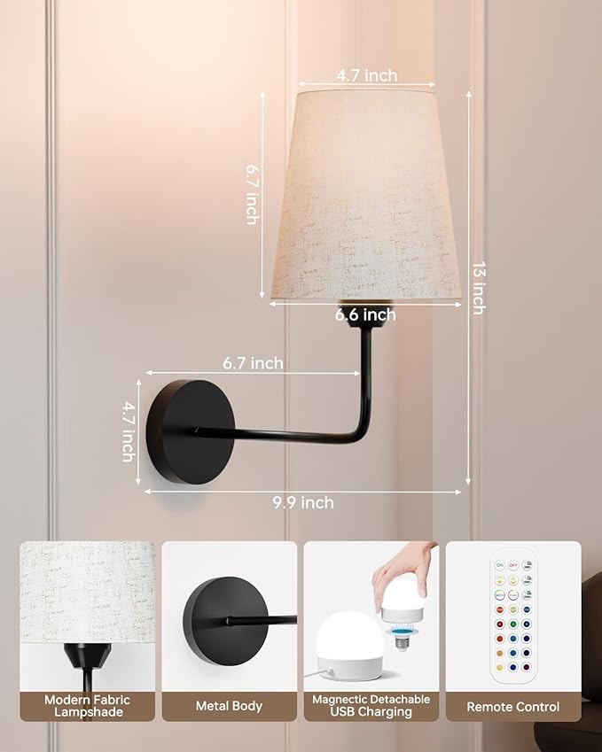 Wireless Wall Sconces Set of 2 Battery Operated, Black Wall Light Rechargeable with 5200mAh RGB Dimmable Flash Mode Led Bulb and Remote Timer, Cordless Wall Lamp Decor for Bedroom Living Room Hallway