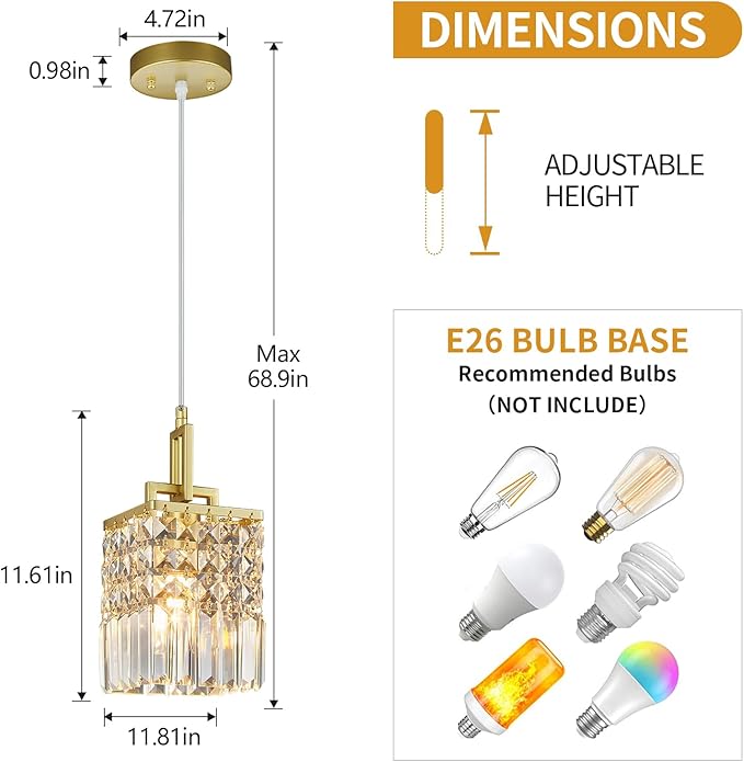Modern Crystal Pendant Light Kitchen Island Farmhouse Lamp Adjustable Height Hanging Lighting Square Gold Chandelier Suitable for Kitchen Island Dining Room and Bedroom(3Pack)