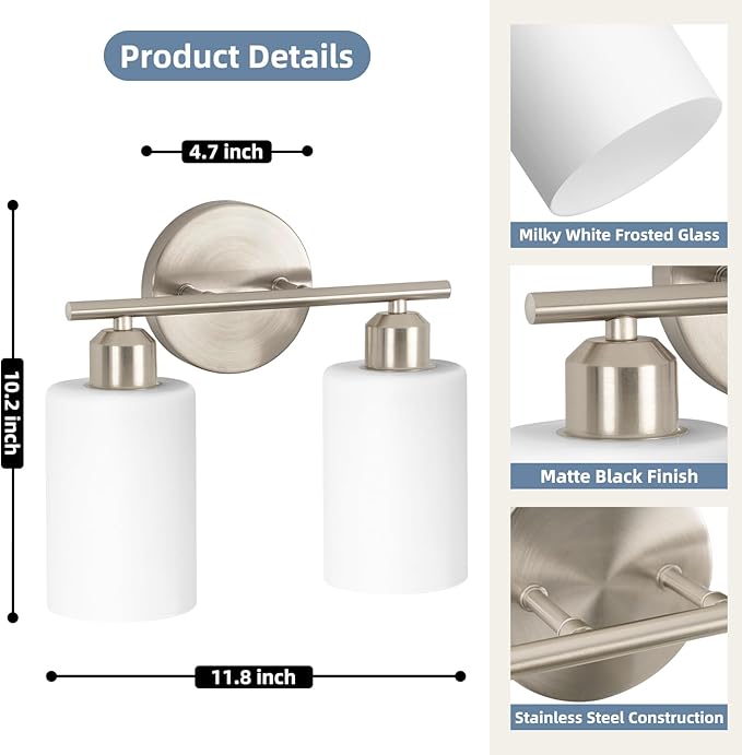 Brushed Nickel Wall Sconces Set of Two, 2-Light Modern Bathroom Light Fixtures, Wall Lamp with Milky White Frosted Glass Shades for Bathroom, Mirror, Bedroom, E26.