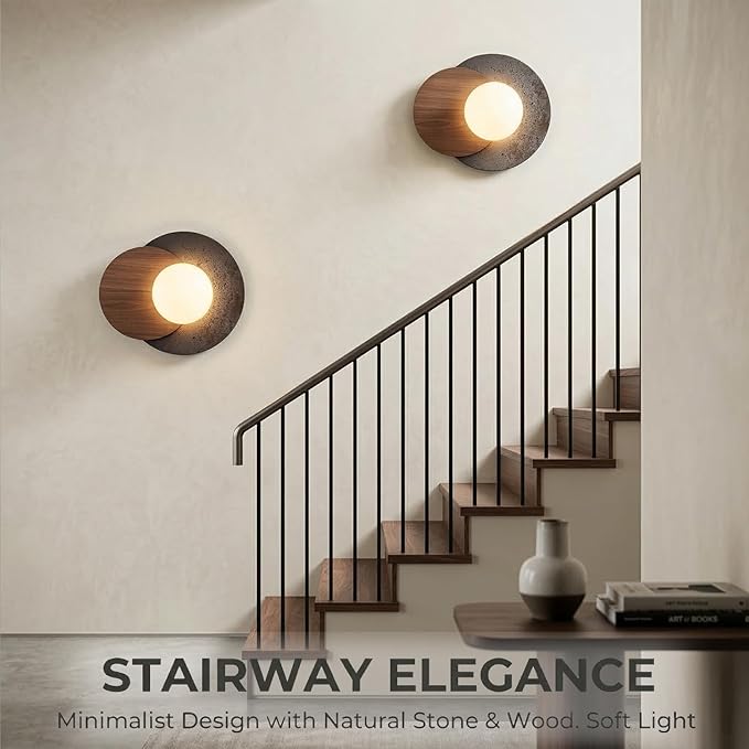 Natural Travertine Wall Sconce, Minimalist Walnut & Stone Wall Light with G9 LED Bulb, Modern Geometric Globe Wall Lamp for Bedroom Bedside, Hallway, Living Room, Warm Organic Decor