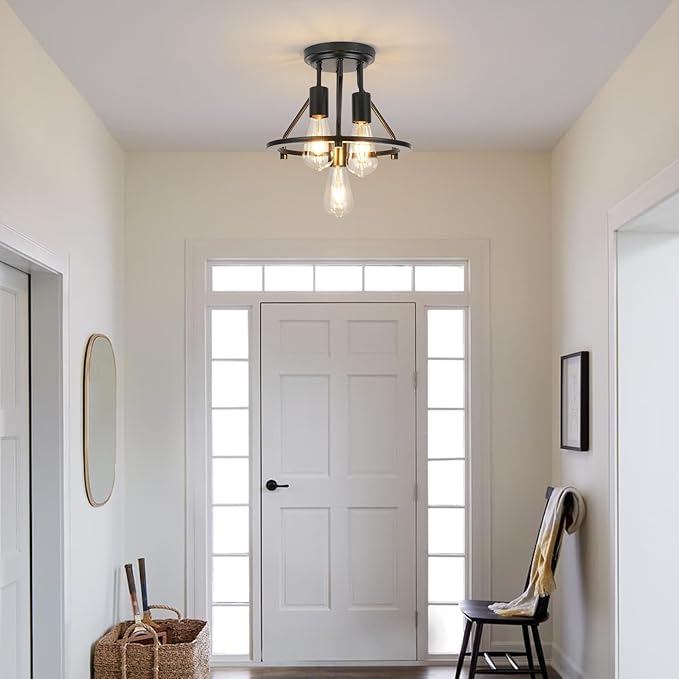 Semi Flush Mount Ceiling Light 3-Light Ceiling Light Fixtures - Black Hallway Light Fixtures Farmhouse Industrial Kitchen Light Fixtures E26 Socket Ceiling Lamp for Foyer