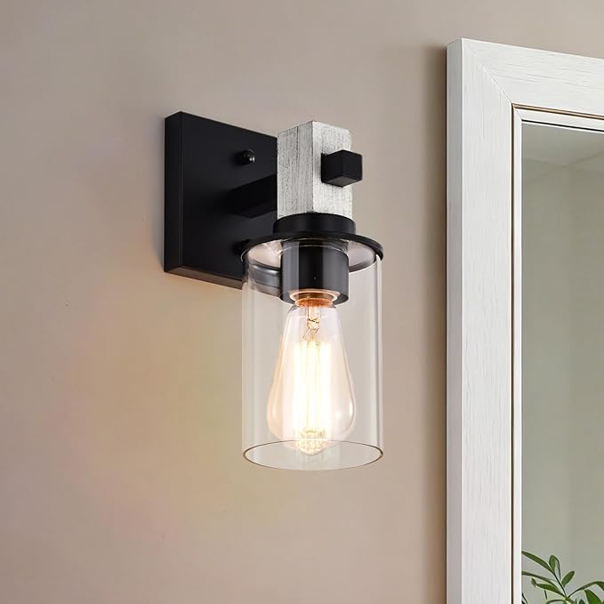 Rustic Wall Sconces,Hardwired 1-Light White Wood Farmhouse Sconce with Clear Glass Cylinder Shade,Matte Black Metal Wall Light,E26 Indoor Bathroom Vanity Fixture for Mirror,Bedroom,Hallway