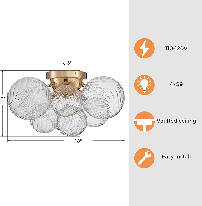 Shrine Lighting Gold Bubble Glass Ceiling Light, Flush Mount Ceiling Light for Living Room, D18'' x H9'', G9*4 Sockets, Globe Glass Shade & Gold Finish Frame