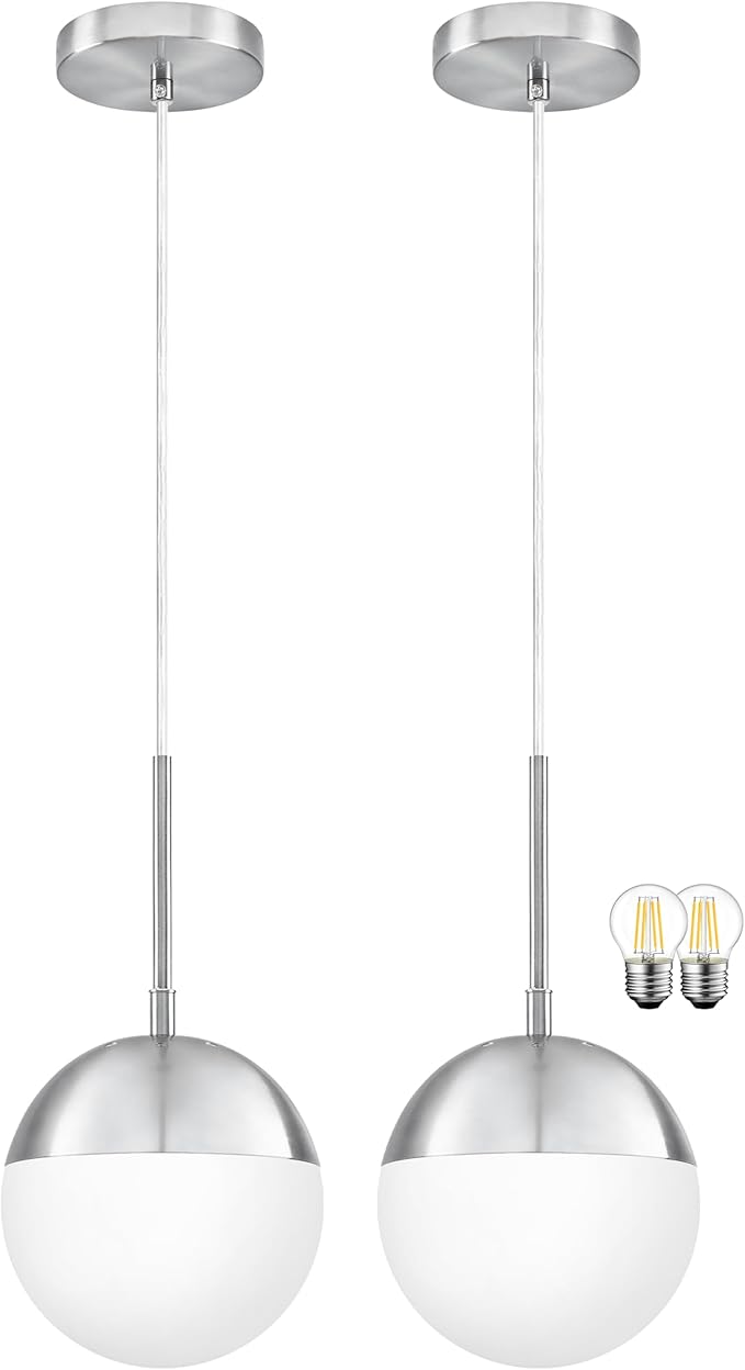 6 Inch Nickel 2 Pack Mid Century Modern Pendant Light Pendants for Kitchen Island Frosted Milky White Glass Globe Height-Adjustable Modern Hanging Globe Pendant Light for Bedroom (Bulb Incl)