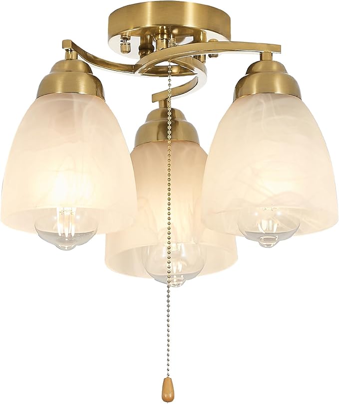 3-Light Flush Mount Ceiling Light with Pull Chain, Modern Golden Lighting Fixtures with Alabaster Glass for Kitchen Island Dining Room Bedroom Farmhouse Foyer Hallway