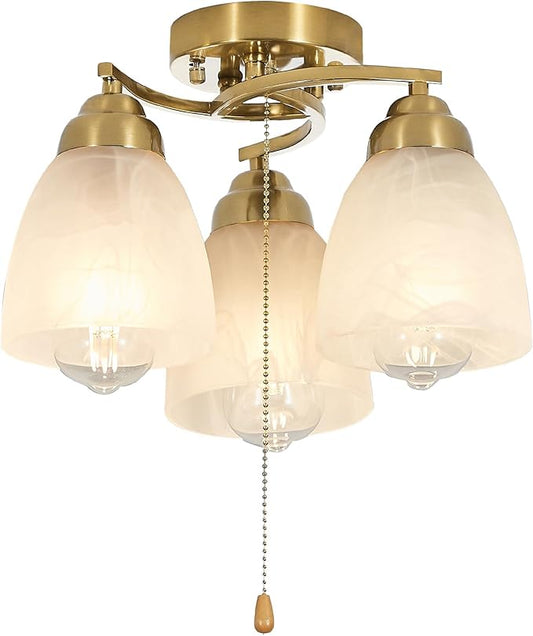 3-Light Flush Mount Ceiling Light with Pull Chain, Modern Golden Lighting Fixtures with Alabaster Glass for Kitchen Island Dining Room Bedroom Farmhouse Foyer Hallway