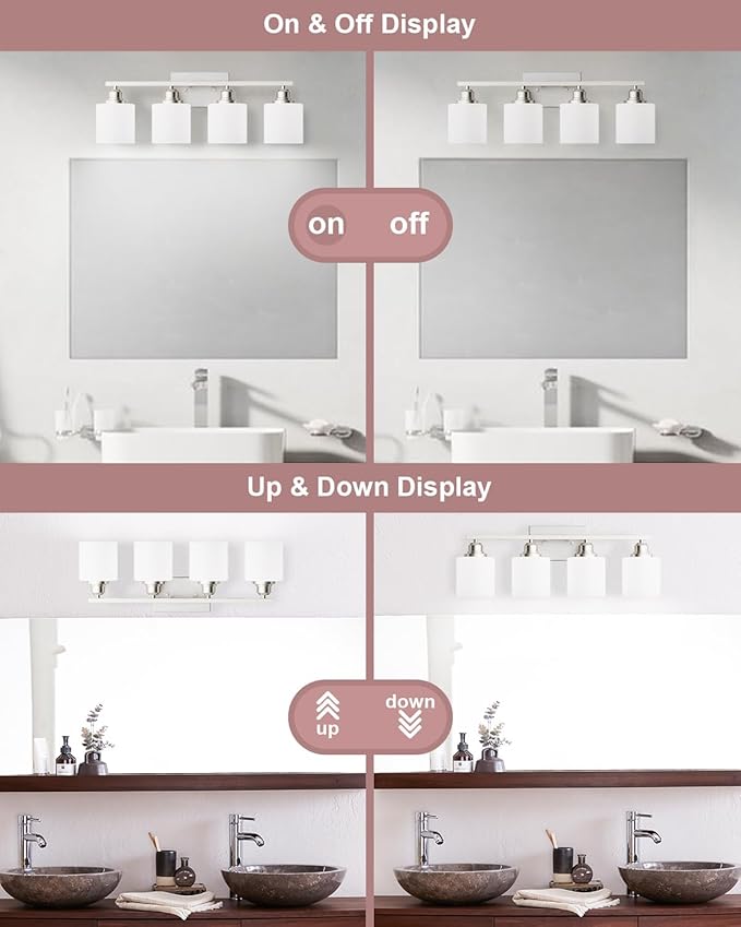 Sailstar 4-Light Bathroom Light Fixtures Over Mirror, Glass Shade & Anti-Rust Nickel Finished,Brushed Nickel Vanity Lights, Modern Bathroom Vanity Light, Bathroom Light for Small Space
