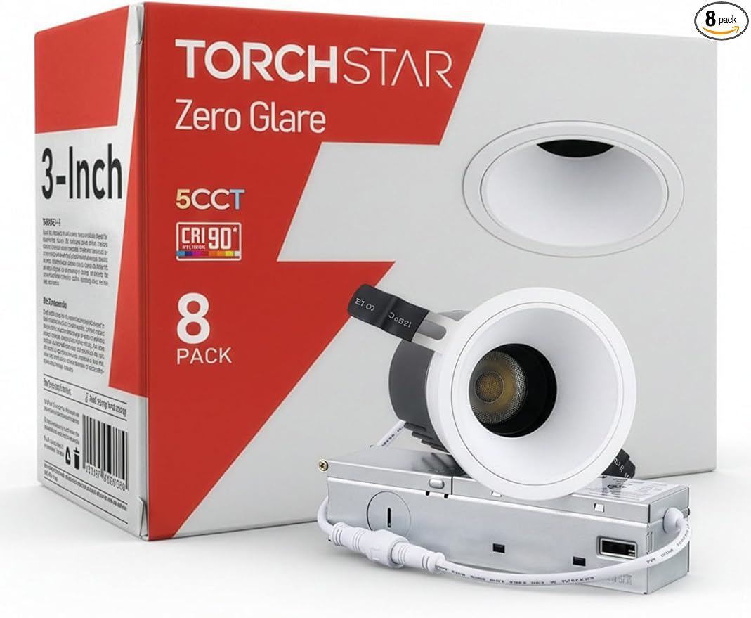 TORCHSTAR 3 Inch 5CCT Anti Glare LED Recessed Lights with J-Box, Deep Recessed Zero Glare Canless Downlight, Ultra-Slim Trim Gimbal Ceiling Light, 2700-5000K, Ultra Narrow Frame, ETL FCC, Pack of 8