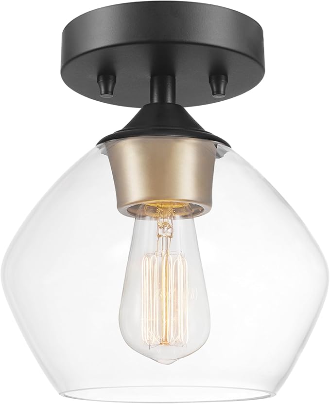Globe Electric Harrow 1-Light Semi-Flush Mount Ceiling Light with a Matte Black Finish, Gold Accent Socket and Clear Glass Shade, Dimmable Option