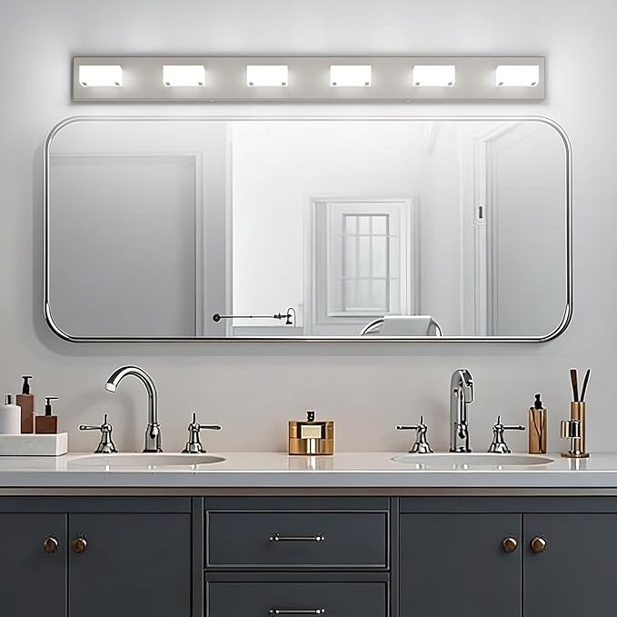 Ralbay Brushed Nickel Bathroom Vanity Lights 48inch Metal Acrylic LED Modern Bathroom Wall Lighting Fixtures Over Mirror Brushed Nickel (White Light 6000K, Non-dimmable)