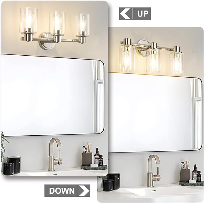 3 Light Bathroom Wall Light Fixtures Chrome Bathroom Wall Sconce with Clear Glass Lights Over Mirror Vanity Lights E26 Base