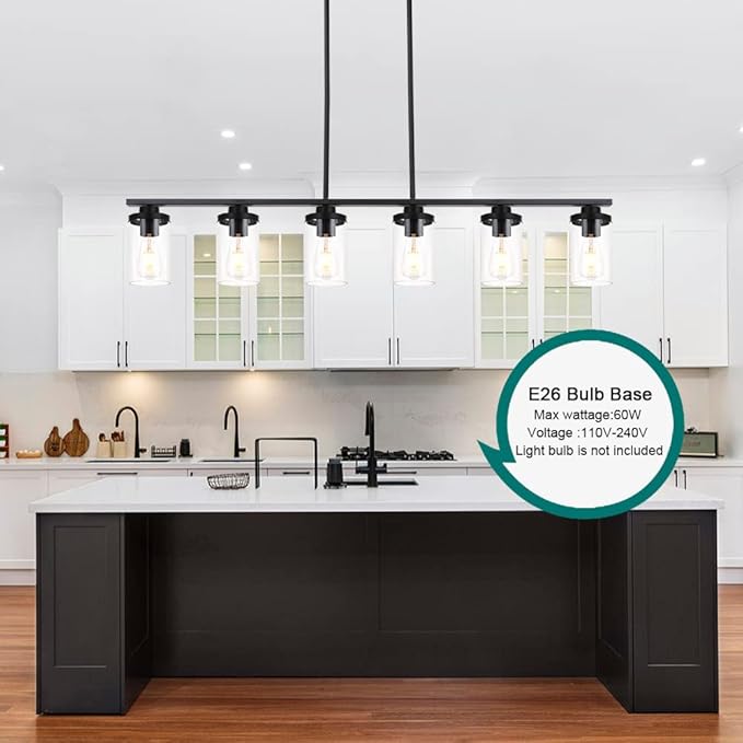 Farmhouse Dining Room Light Fixture 6 Lights Chandeliers for Dining Room Black Pendant Lighting with Clear Glass Shade for Dining Room, Foyer, Restaurant, Bar, E26 Base