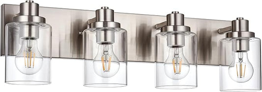 4 Light Vanity Light Brushed Nickel Bathroom Lighting Fixtures Over Mirror, Modern Bathroom Light with Clear Glass Shade, Farmhouse Vanity Lights