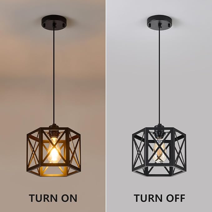 XSDeTu 2 Pack Farmhouse Pendant Lights, Modern Black Hanging Light Fixture with Hexagonal Cage, Industrial Metal Ceiling Lights, Adjustable Lantern Pendant Lighting for Kitchen Island Sink Hallway