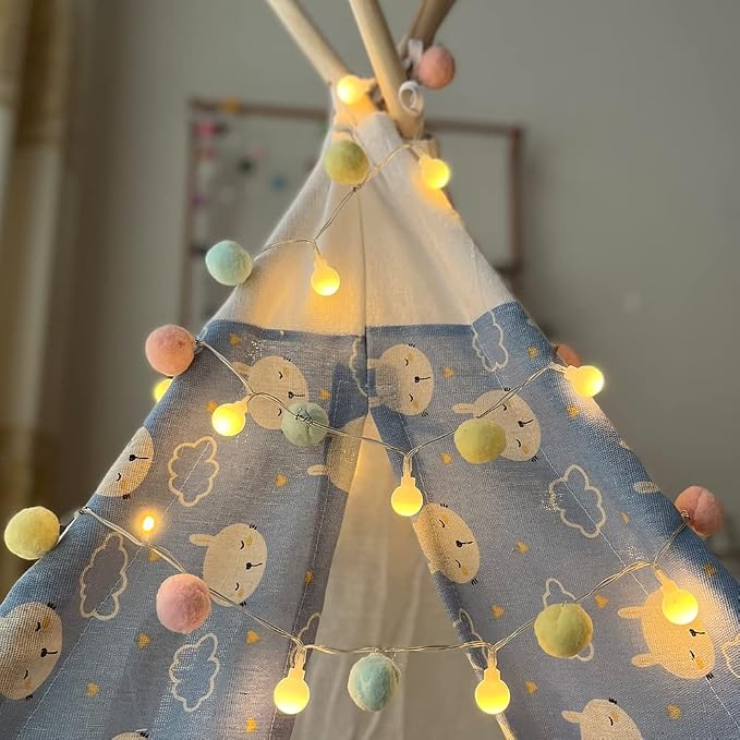 ChiRee Indoor String Lights 6.56 Feet Pom Poms Fairy 20 LED Battery Operated Ball Warm White Globe Colorful Decor for Home Bedroom Kids Playhouse Holiday Christmas