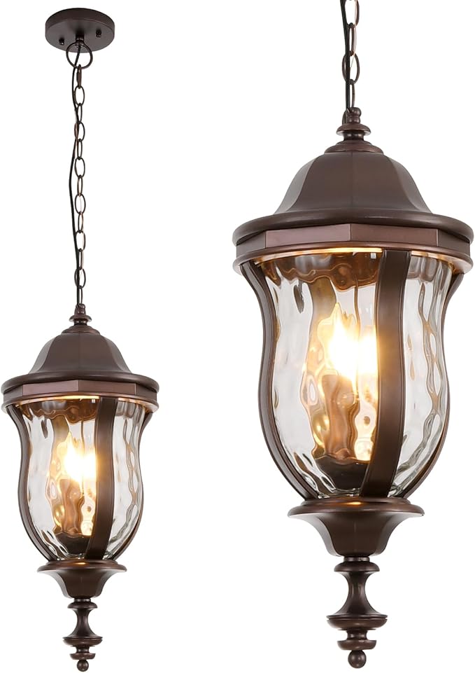 Large Outdoor Pendant Light Fixtures, 23.6'' Exterior Hanging Lantern Porch Light Adjustable, Brown Hanging Lamp Farmhouse Exterior Chandelier Ceiling Mount for Entrance Patio