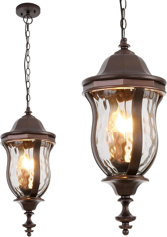 Large Outdoor Pendant Light Fixtures, 23.6'' Exterior Hanging Lantern Porch Light Adjustable, Brown Hanging Lamp Farmhouse Exterior Chandelier Ceiling Mount for Entrance Patio