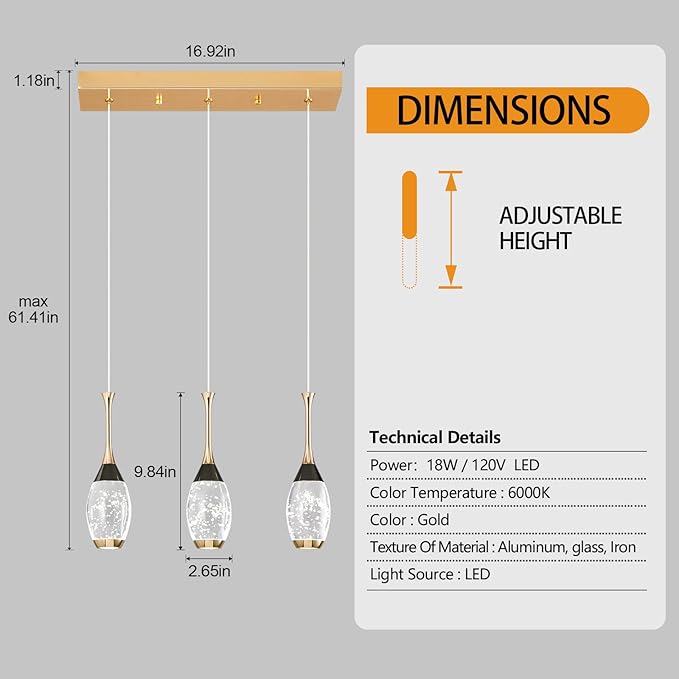 Modern Black Gold Pendant Light Dimmable LED Ceiling Light Fixtures Mini Teardrop Crystal Pendant Lighting for Kitchen Island Bedroom Hallway Entryway (3 Light，Champagne Gold)