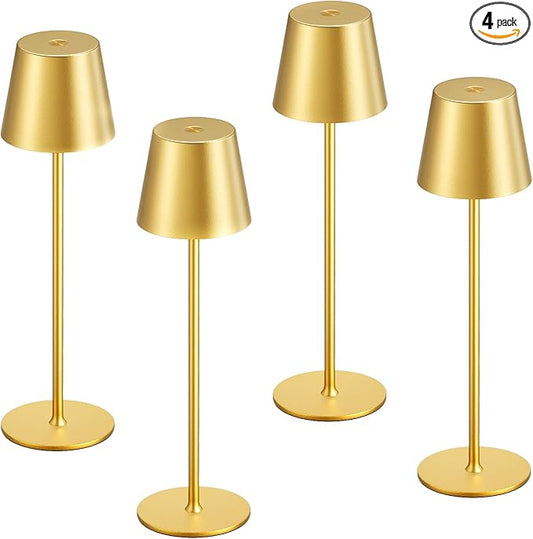 Kakanuo Cordless Table Lamp Rechargeable Gold - KK 4 Pack Battery Operated Lamp for Dining Table, 3 Color Stepless Dimming Wireless Lamp for Counter, Outdoor Patio, Touch Control