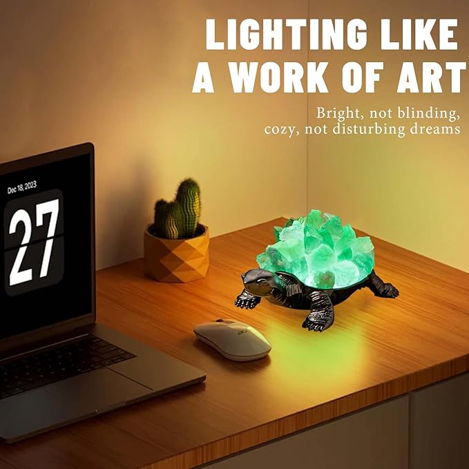 Runyangshi Natural Green Fluorite Turtle Night Lamp Healing Crystal Bedroom Bedside Table Lamp USB Port Home Decoration Women Men Decor Gift