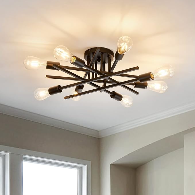 ASGYISA 8-Lights Semi Flush Mount Ceiling Light Fixture，Modern Black Vintage Metal Sputnik Chandelier， Ceiling Lamp for Bedroom Kitchen Dining Room Living Room with E26 Bulb Base