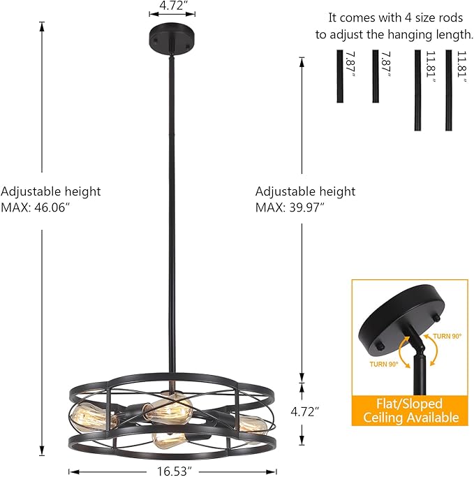 Black Semi Flush Mount Ceiling Lights, Sloped Dining Room Light Fixture Farmhouse Chandelier, Kitchen Island Pendant Lighting Adjustable Height for Entryway Hallway Foyer