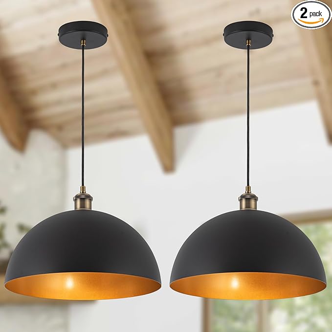 13.78" Modern Industrial Black Pendant Lights Farmhouse Dome Black Gold Pendant Lighting Vintage Golden Pendant Light for Kitchen, Dining Room, Bedroom, Hallway, Living Room, Set of 2