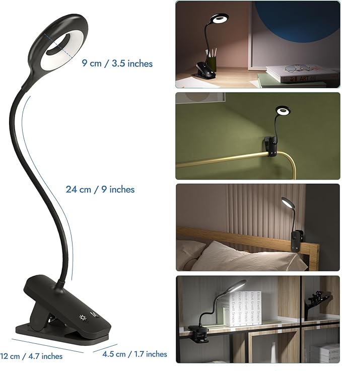 CUHIOY Clip on Reading Light for Bed Headboard, 5 Colors 5 Brightness Desk Lamp with Strong Clamp, USB-C Rechargeable Gooseneck Night Light for Kids Bunk Bed Shelf, Perfect for Reading & Working