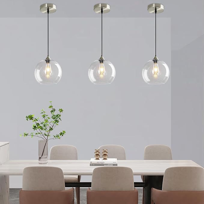 Modern 3-Pack Glass Globe Pendant Lights, Clear Modern Pendant Lighting for Kitchen Island, Clear Glass Hanging Lamps for Dining Room Living Room Bedroom, Large 9.85 Inch Fixture (Bulbs Not Included)