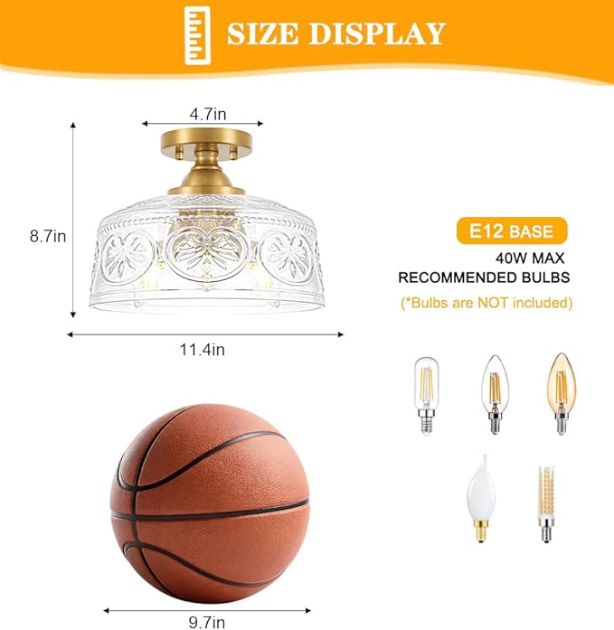 Vintage Gold Semi Flush Mount Ceiling Light Fixture, 3-Light Hallway Light Fixture with Thickened Glass, Close to Ceiling Light for Kitchen, Entryway, Foyer, E12