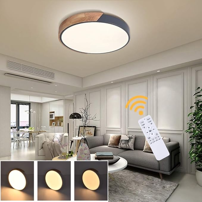 EDISLIVE Ceiling Light Dimmable 19 inch Modern Minimalist LED Round Shaped Wood & Metal & Acrylic Flush Mount Ceiling Light with Remote Control Gray