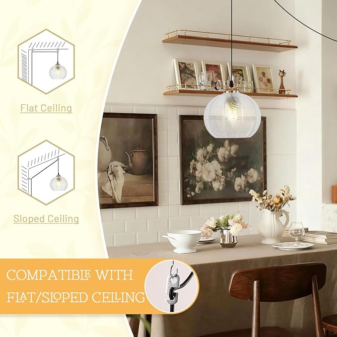 Plug in Pendant with 14.75ft Cord On/Off Switch, Swag Lamp Clear Glass Globe Shade Vintage Pendant Light Plug in Hanging Light for Kitchen Island Dining Room Bedroom