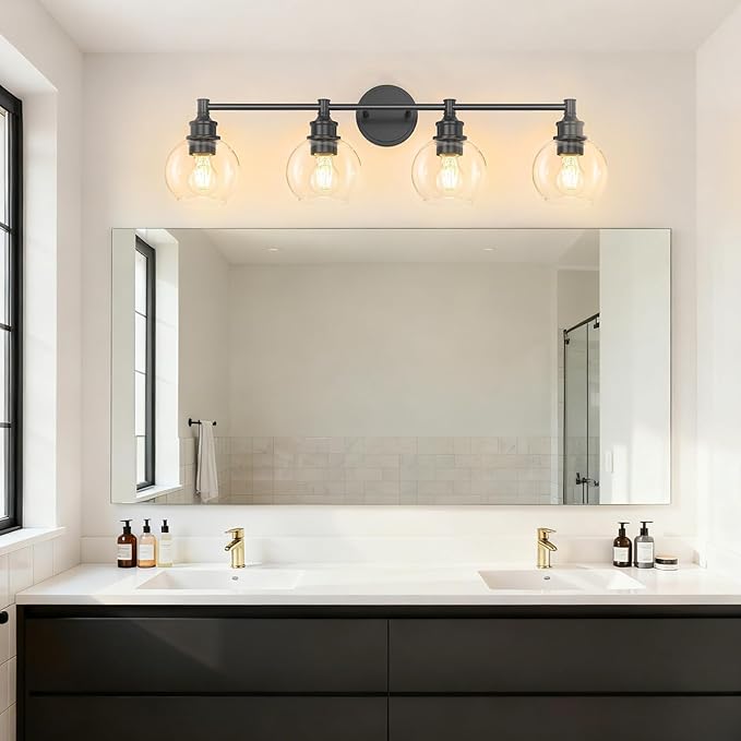 Bathroom Light Fixtures, 4-Light Matte Black Vanity Light Globe Glass Shades, Bathroom Lighting Fixtures Over Mirror, Wall Sconces for Master Bathroom, Guest Bathroom, Powder Room, 28-inch