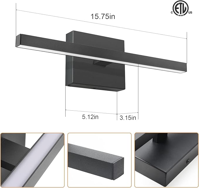 VOLISUN Modern Bathroom Vanity Light 15.7 inch, 12W Dimmable 5CCT Led Bathroom Light Fixture Over Mirror, Black Bar Vanity Light for Bathroom Mirror Cabinets Bedroom-ETL Certificated