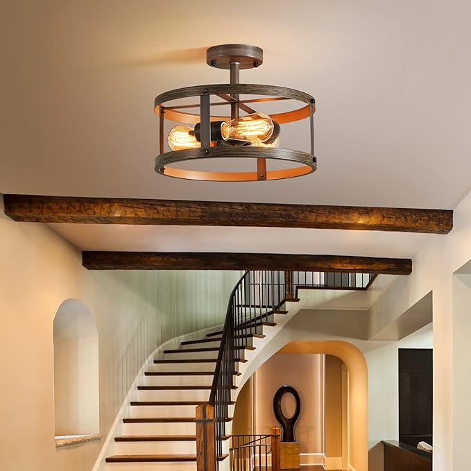 AGV LIGHTING Farmhouse Semi Flush Mount Ceiling Light Fixture, Rustic Style Close to Ceiling Light with 3-Light, Faux Oka Wood Texture with Brushed Grey Finish