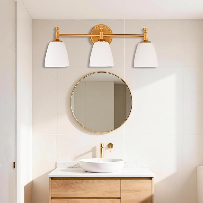 Vintage Bathroom Vanity Light Fixture, 3-Light Bathroom Lighting Fixtures Over Mirror, Antique Brass Finish with Frosted Milk Glass Shade, Wall Sconces Lighting for Bedroom, Living Room, Hallway, Sink
