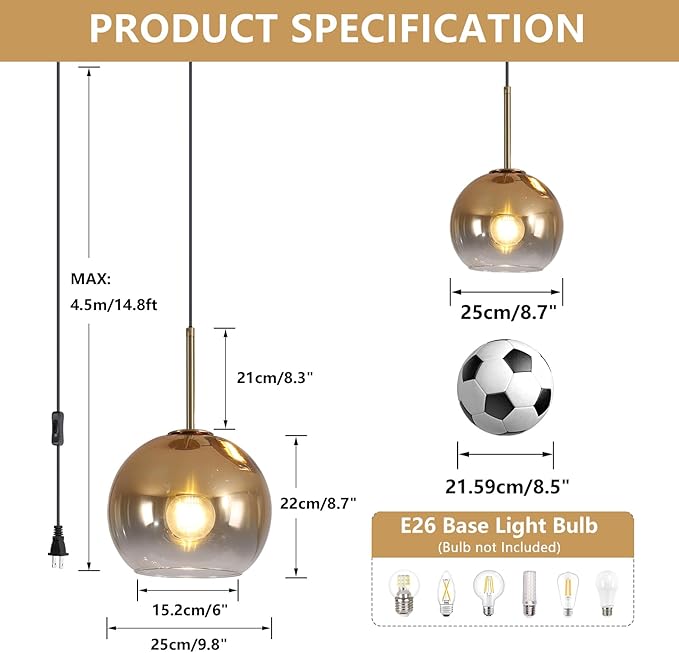 KCO Lighting Mid Century Modern Plug in Pendant Light Gold Glass Globe Pendant Lighting with Adjustable Cord Large Hanging Light Fixture with Plug in Cord for Kitchen Island Dining Room (25cm)