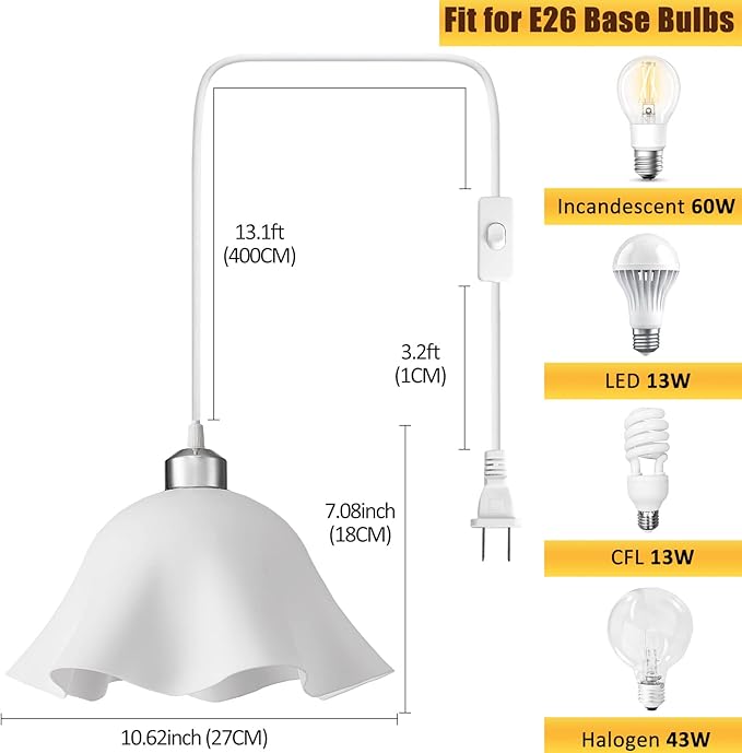 OmiSun Plug in Pendant Light, 2 Pack Hanging Lights with Plug in Cord, Hanging Lamp with15Ft Cord, On/Off Switch, Frosted Plastic White Shade, Plug in Hanging Ceiling Lights for Bedroom, Living Room