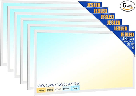 JESLED 6Pack 2x4 led Flat Panel Light, 10800LM, Drop Ceiling Lights Fixture for Office Shop Garage Basement Laundry, 30W/40W/50W/60W/72W Selectable, 5CCT Switchable, 0-10V Dimmable, DLC ETL Listed