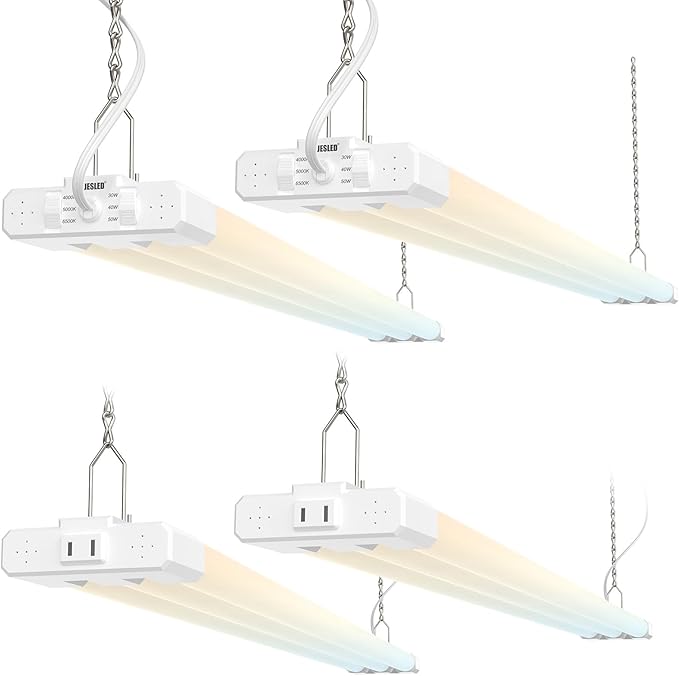 JESLED LED Shop Lights 4FT, 3CCT Selectable 4000K/5000K/6500K, Adjustable 30W/40W/50W, 7500LM(300W Eqv), Linkable Utility LED Light for Garage, Plug & Play, Ceiling or Hanging Mount, ETL, 4-Pack