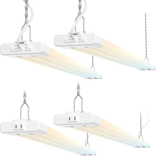 JESLED LED Shop Lights 4FT, 3CCT Selectable 4000K/5000K/6500K, Adjustable 30W/40W/50W, 7500LM(300W Eqv), Linkable Utility LED Light for Garage, Plug & Play, Ceiling or Hanging Mount, ETL, 4-Pack