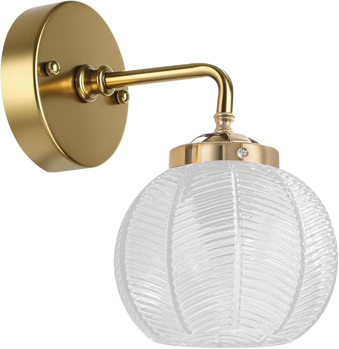 Vintage Wall sconces Glass Wall Sconces with Ribbed Clear Globe Glass Shade Gold Wall Sconce Modern Vanity Light Bathroom Wall sconces Over Mirro Wall lamp for Bedroom Hallway Living Room