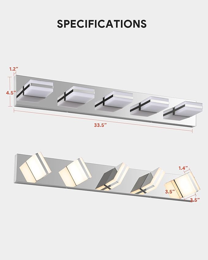 VONLUCE Bathroom Vanity Light Fixture, 5-Light Modern LED Vanity Light, 3CCT Adjustable Bathroom Lights with Memory Function Rotatable Shades, 34" Wall Lighting Fixture Over Mirror, Chrome