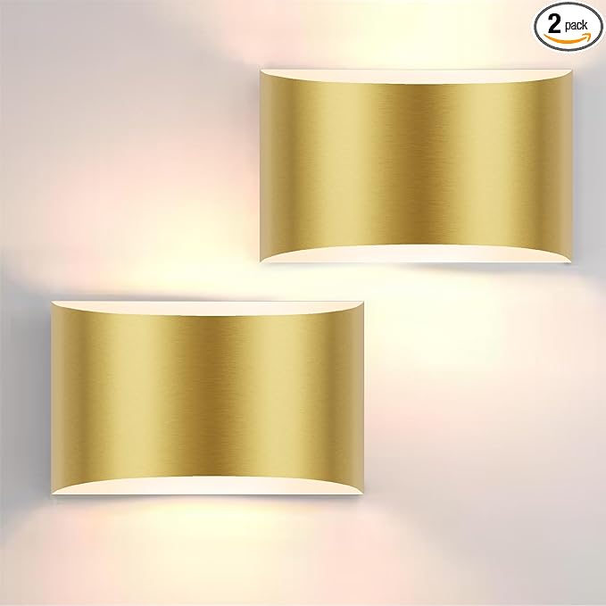 FOLKSMATE Modern LED Wall Sconces Set of 2, 3000K Warm White Up and Down Mount Light, Gold Hardwired Interior Wall Lights Lamp for Indoor Living Room Bedroom Hallway Basement Stairway
