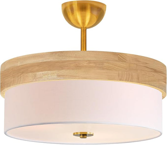Bargeni 16 Inch Semi Flush Mount Ceiling Light, Modern Wood Drum Ceiling Light Fixture with Fabric Shade, Gold Light Fixtures Ceiling Mount for Living Room, Bedroom, Kitchen, Dining, Hallway,Entryway
