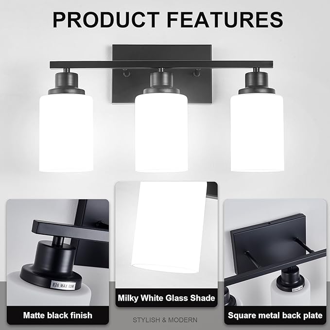 3-Light Black Bathroom Light Fixture Over Mirror,Modern Farmhouse Vanity Light,Wall Sconces with Milky White Glass Shade for Bathroom,Bedroom, Living Room,Staircase,Hallway E26