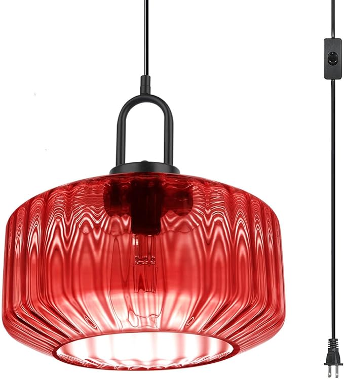 Hanging Plug in Light Mid Century Pendant Light with 11" Red Striped Glass Globe Shade Plug in Pendant Lights for Ceiling Bedroom Vintage Hanging Lamp with 14.7 ft Cord On/Off Switch