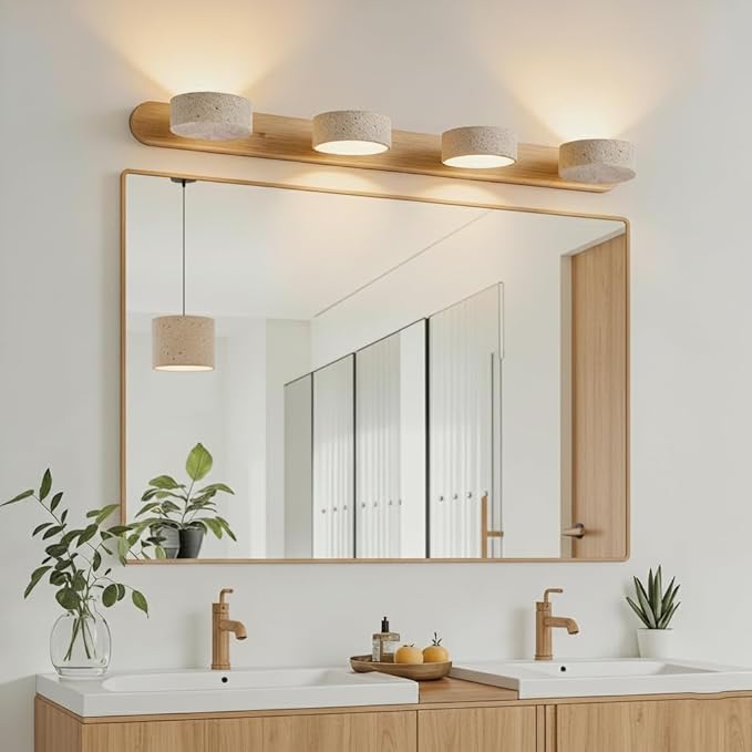 LED Bathroom Vanity Light, Travertine Stone Light Fixture, 360° Rotatable Stone Lampshades, Modern Rustic Wall Lamp for Bedroom, Living Room, Hallway (Natural Wood-4 Heads)