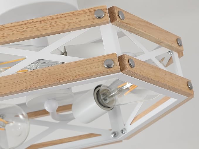 3-Light Modern Farmhouse Wood Flush Mount Ceiling Light Fixture 14.5 inch Vintage Natural Wood and Metal Cage Semi Flush Mount Ceiling Light for Hallway Entry Bedroom Farmhouse, White