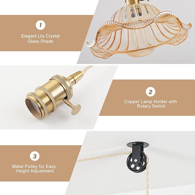 Plug in Pendant Light Vintage, Adjustable Pulley Hanging Lamp with Amber Lily Glass Shade, Brass Hanging Lights with Plug in Cord for Bedroom Kitchen, Compatible with Indoor Plant Grow Light Bulbs